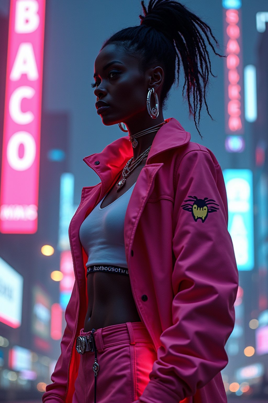 cyberpunk woman with futuristic cyberpunk neon clothes standing in cyberpunk city with neon lights city on Mars in future, neon billboards, skyscrapers