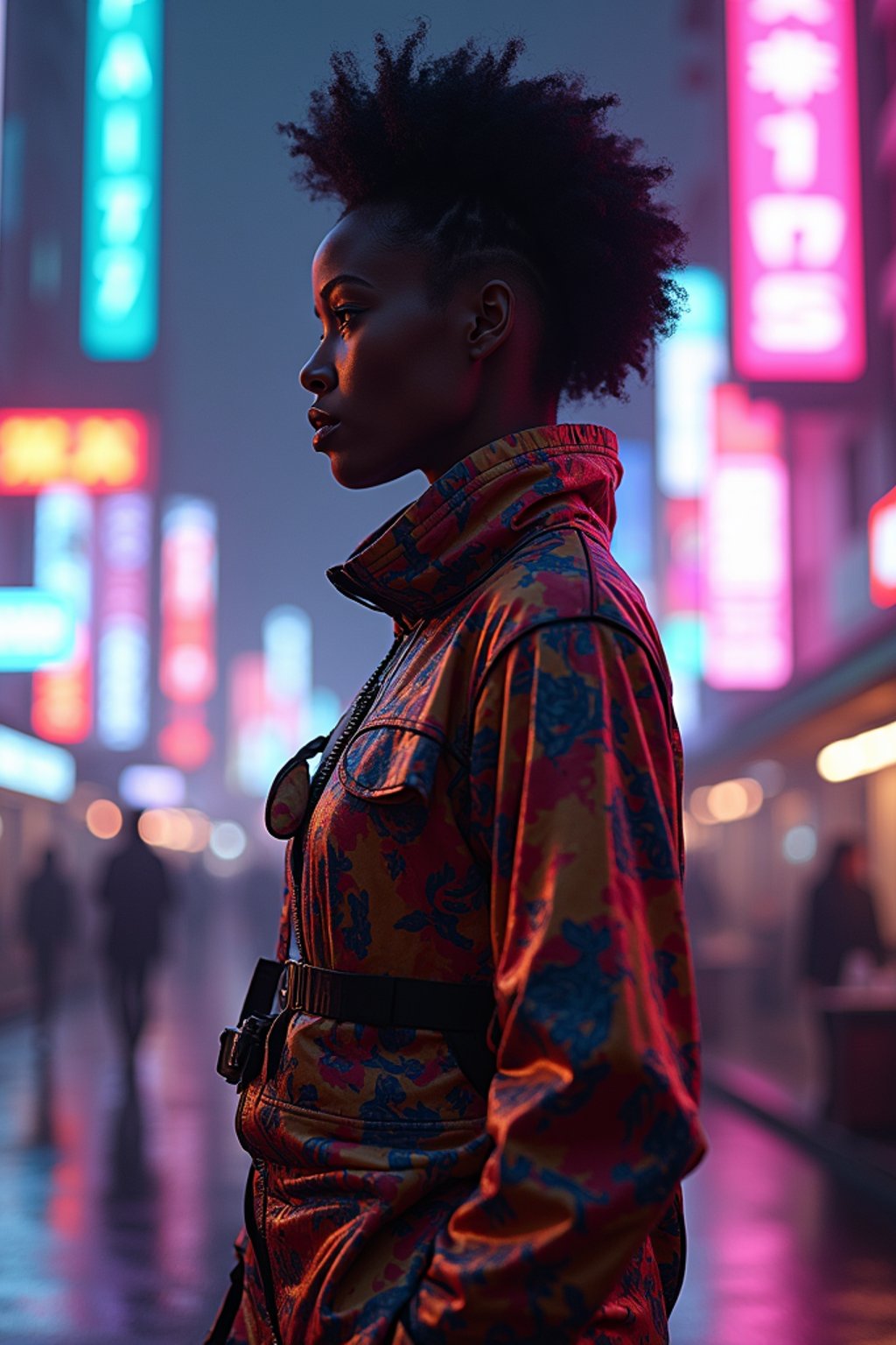 cyberpunk woman with futuristic cyberpunk neon clothes standing in cyberpunk city with neon lights city on Mars in future, neon billboards, skyscrapers