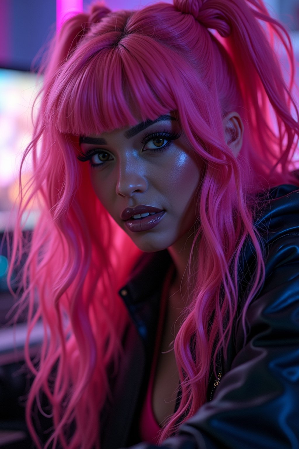 amazingly detailed woman, masterpiece, ultra hd, full shot, dynamic angle, beautiful girl, computer gamer, gaming computer, gaming chair, playing cyberpunk 2077, neon bedroom, streamer setup, , cyberpunk theme, wild long hair, Wavy Cut with Curtain Bangs, bubblegum pink hair, high detail hair, smokey eye shadow, high detail skin, high detail eyes, seductive eyes, smokey makeup