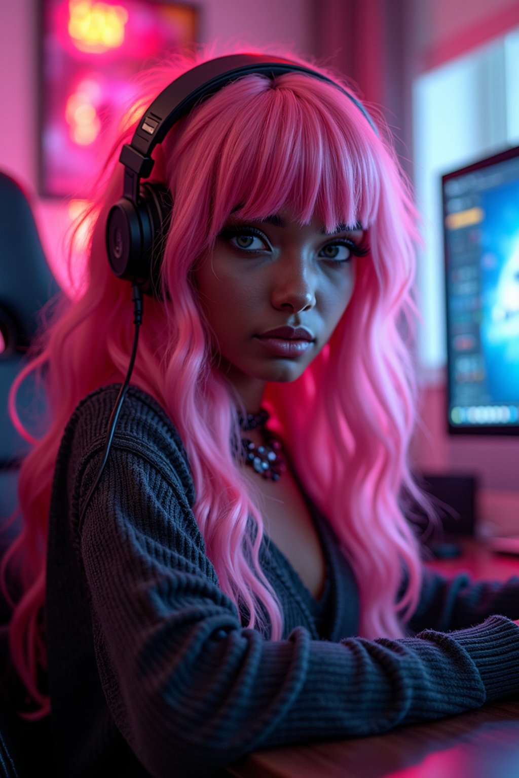 amazingly detailed woman, masterpiece, ultra hd, full shot, dynamic angle, beautiful girl, computer gamer, gaming computer, gaming chair, playing cyberpunk 2077, neon bedroom, streamer setup, , cyberpunk theme, wild long hair, Wavy Cut with Curtain Bangs, bubblegum pink hair, high detail hair, smokey eye shadow, high detail skin, high detail eyes, seductive eyes, smokey makeup