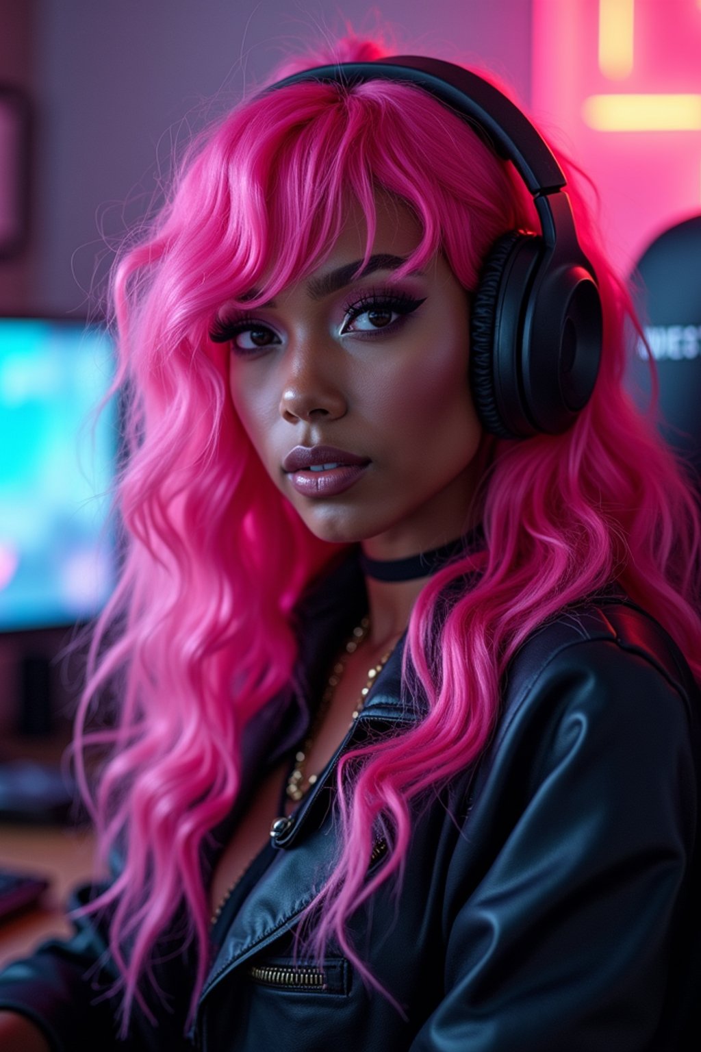 amazingly detailed woman, masterpiece, ultra hd, full shot, dynamic angle, beautiful girl, computer gamer, gaming computer, gaming chair, playing cyberpunk 2077, neon bedroom, streamer setup, , cyberpunk theme, wild long hair, Wavy Cut with Curtain Bangs, bubblegum pink hair, high detail hair, smokey eye shadow, high detail skin, high detail eyes, seductive eyes, smokey makeup