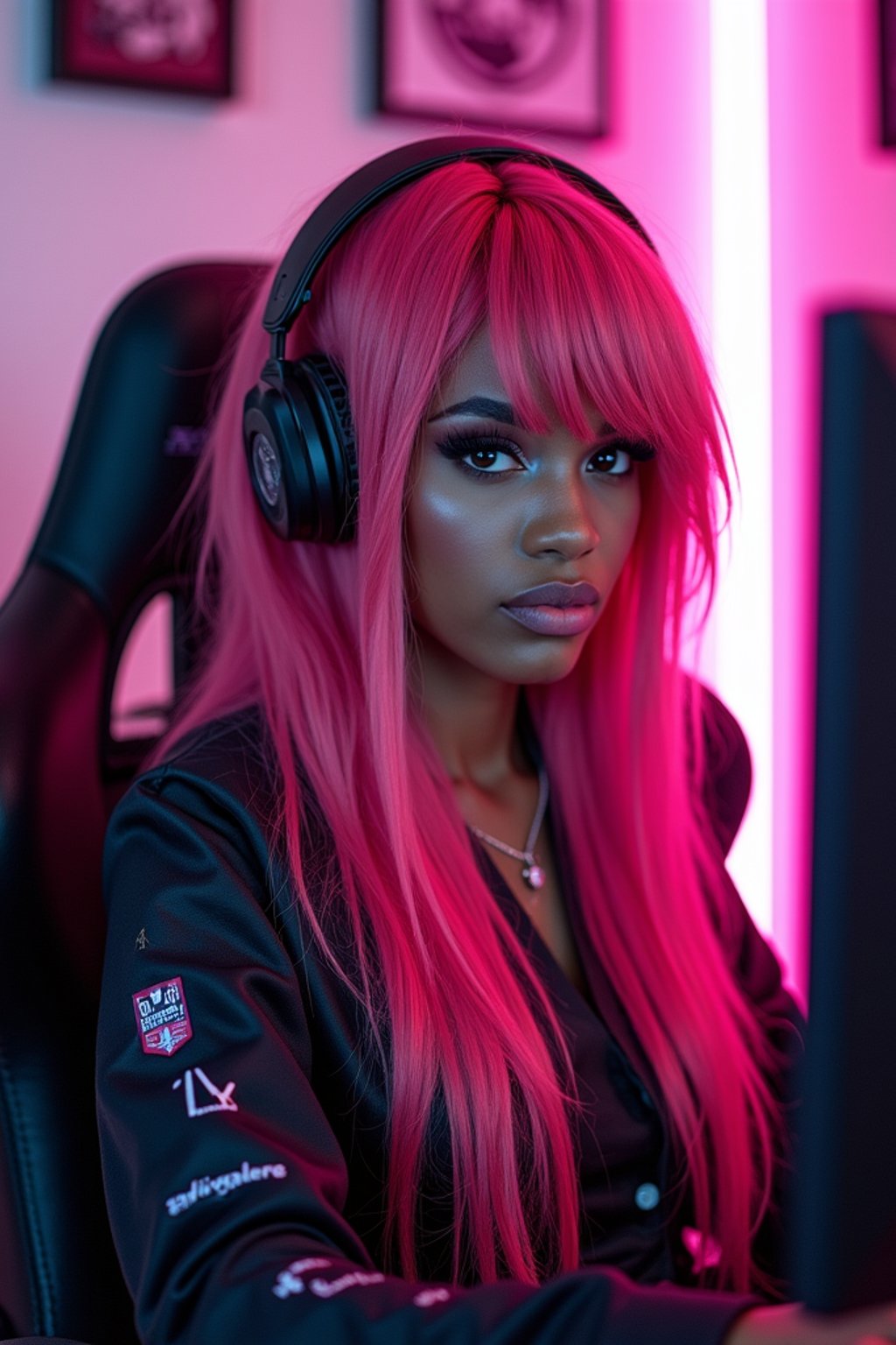 amazingly detailed woman, masterpiece, ultra hd, full shot, dynamic angle, beautiful girl, computer gamer, gaming computer, gaming chair, playing cyberpunk 2077, neon bedroom, streamer setup, , cyberpunk theme, wild long hair, Wavy Cut with Curtain Bangs, bubblegum pink hair, high detail hair, smokey eye shadow, high detail skin, high detail eyes, seductive eyes, smokey makeup