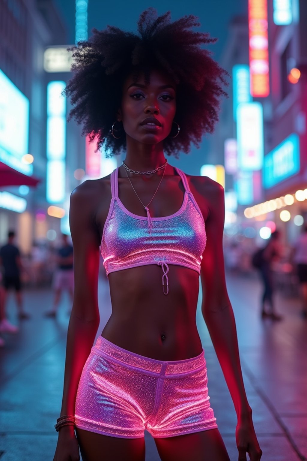 woman wearing holographic crop top and digital shorts  in a neon-lit Bladerunner-inspired cityscape