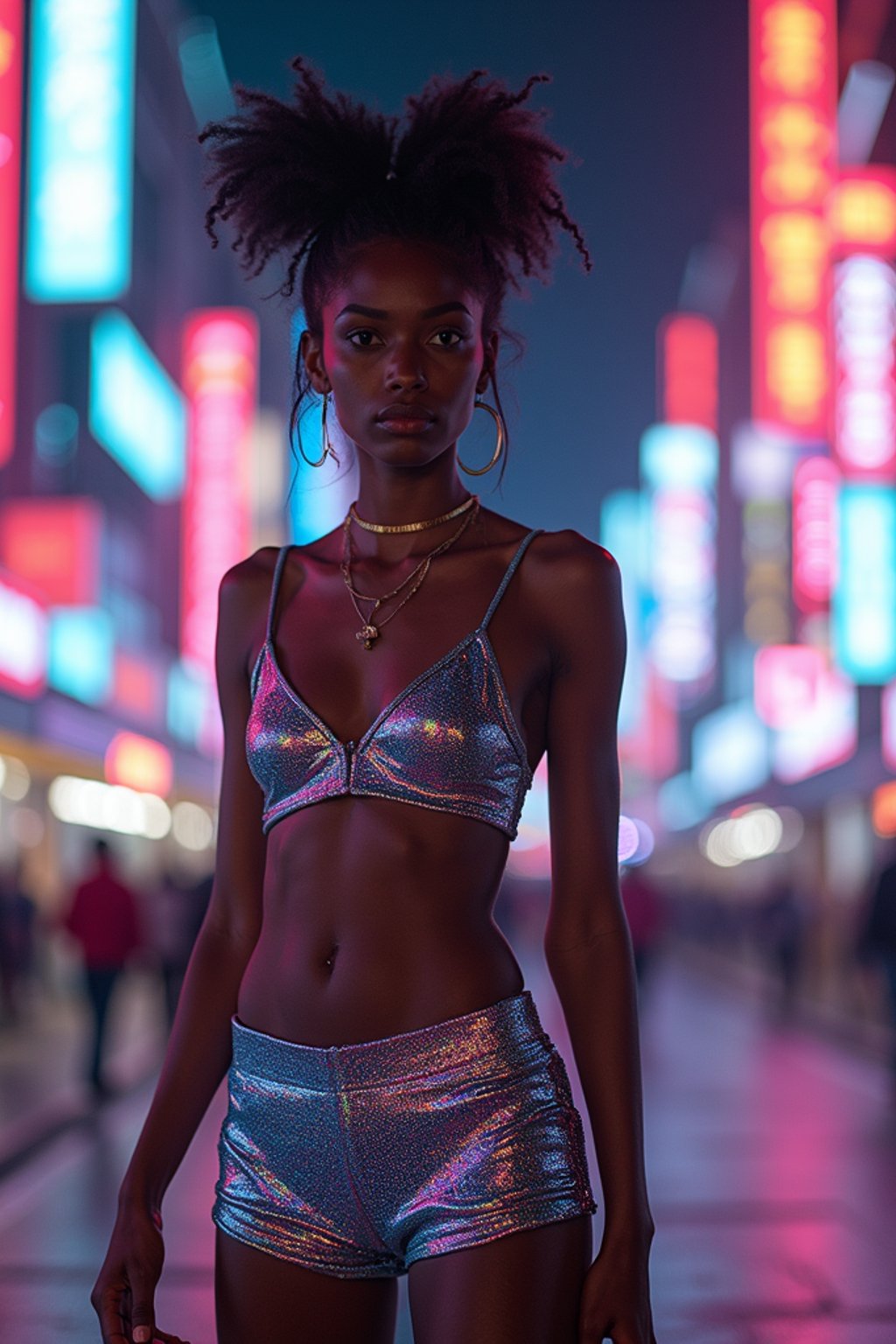 woman wearing holographic crop top and digital shorts  in a neon-lit Bladerunner-inspired cityscape