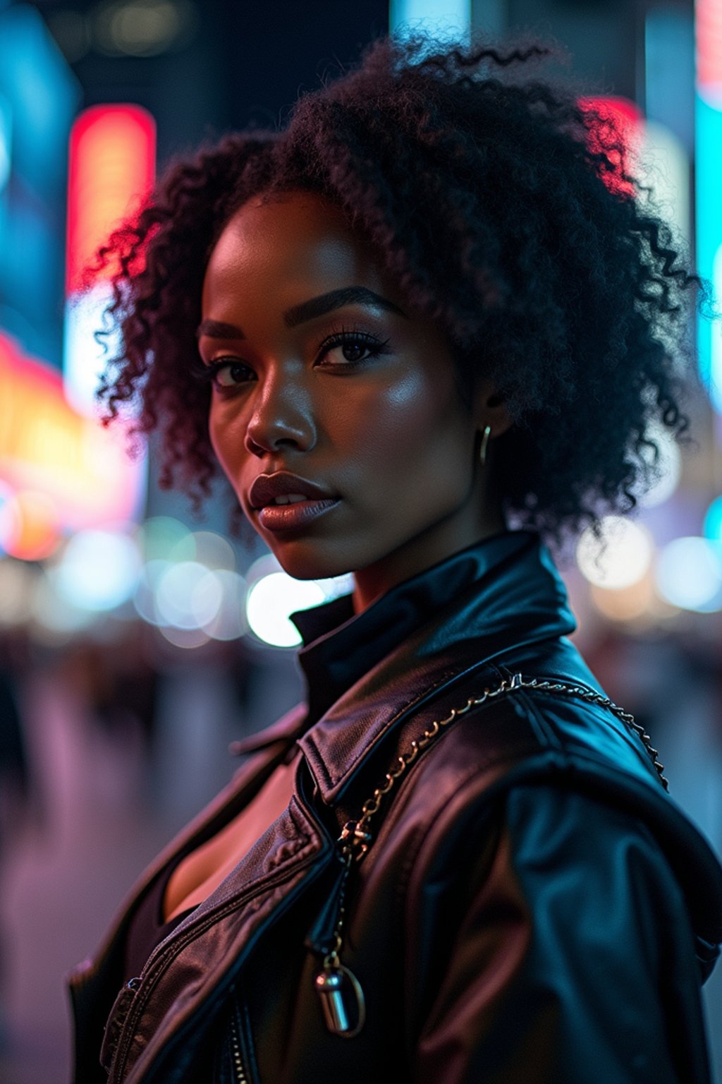 cosplayer woman in a cyberpunk outfit, posing against the backdrop of bright city lights