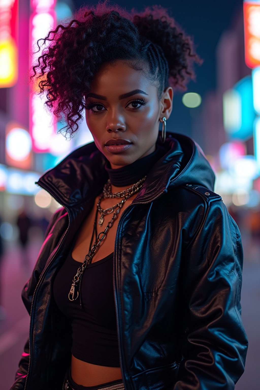 cosplayer woman in a cyberpunk outfit, posing against the backdrop of bright city lights