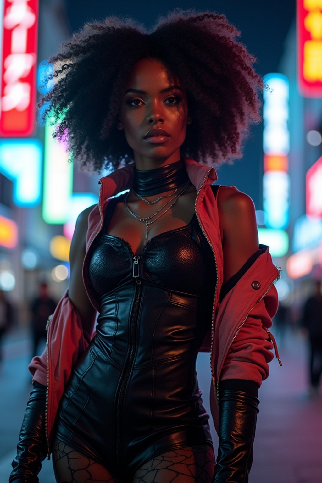 cosplayer woman in a cyberpunk outfit, posing against the backdrop of bright city lights