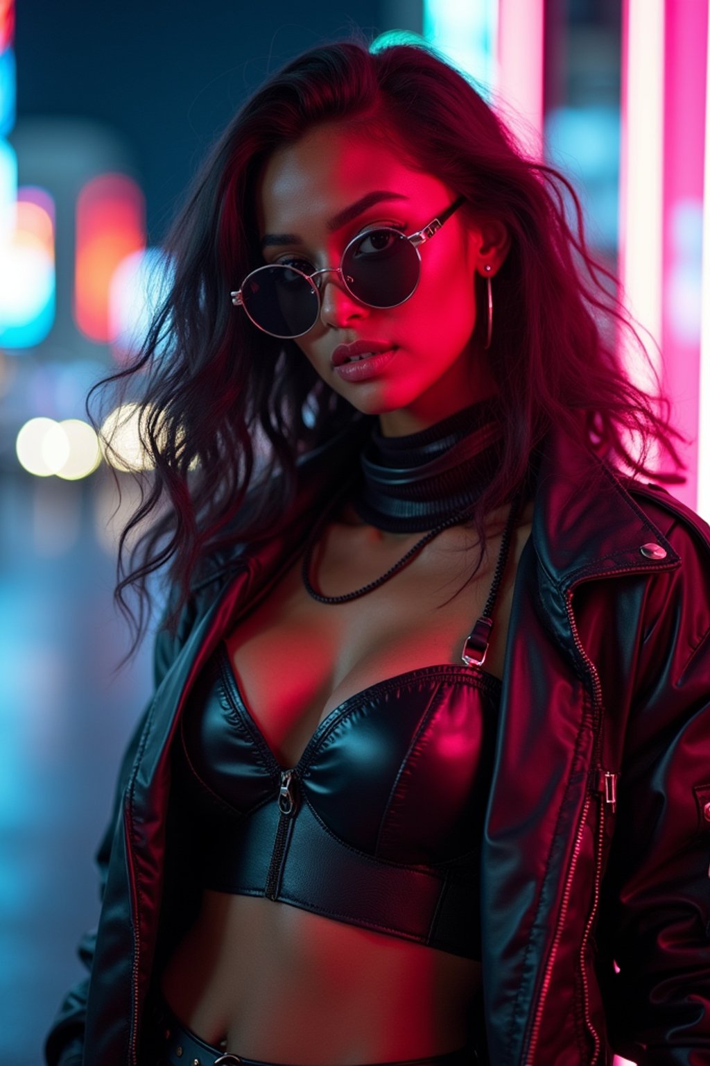 cosplayer woman in a cyberpunk outfit, posing against the backdrop of bright city lights