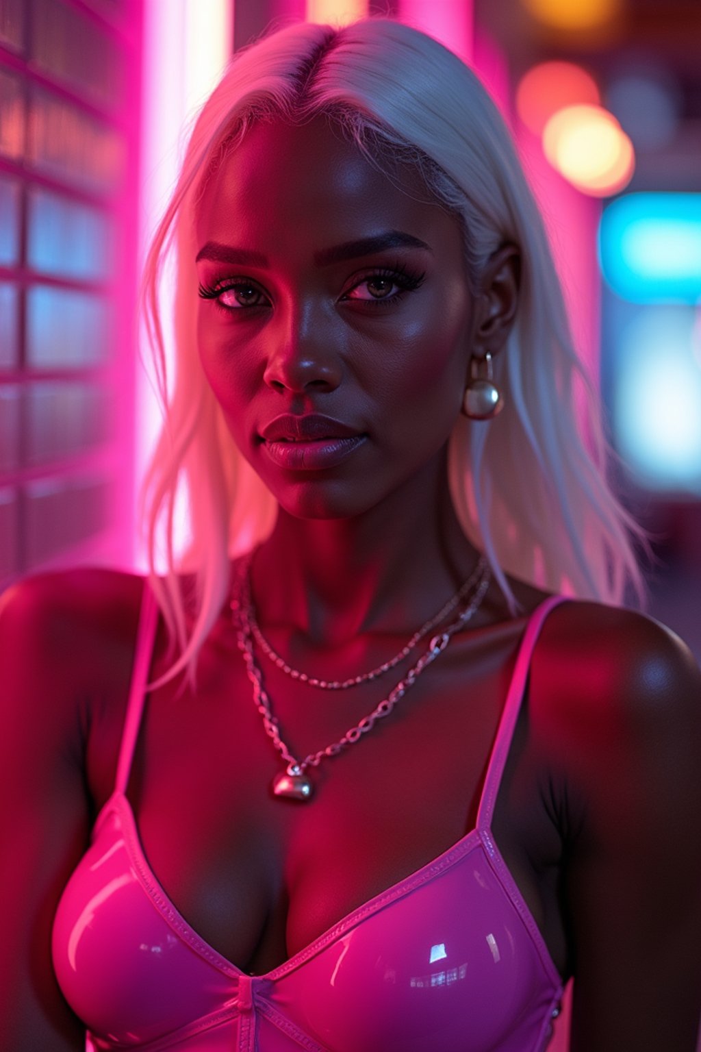 woman with platinum blonde hair, in neon bar, cyberpunk, pink latex crop top, professional award winning photography, beautiful detailed eyes, highly detailed glossy eyes, high detailed skin, skin pores