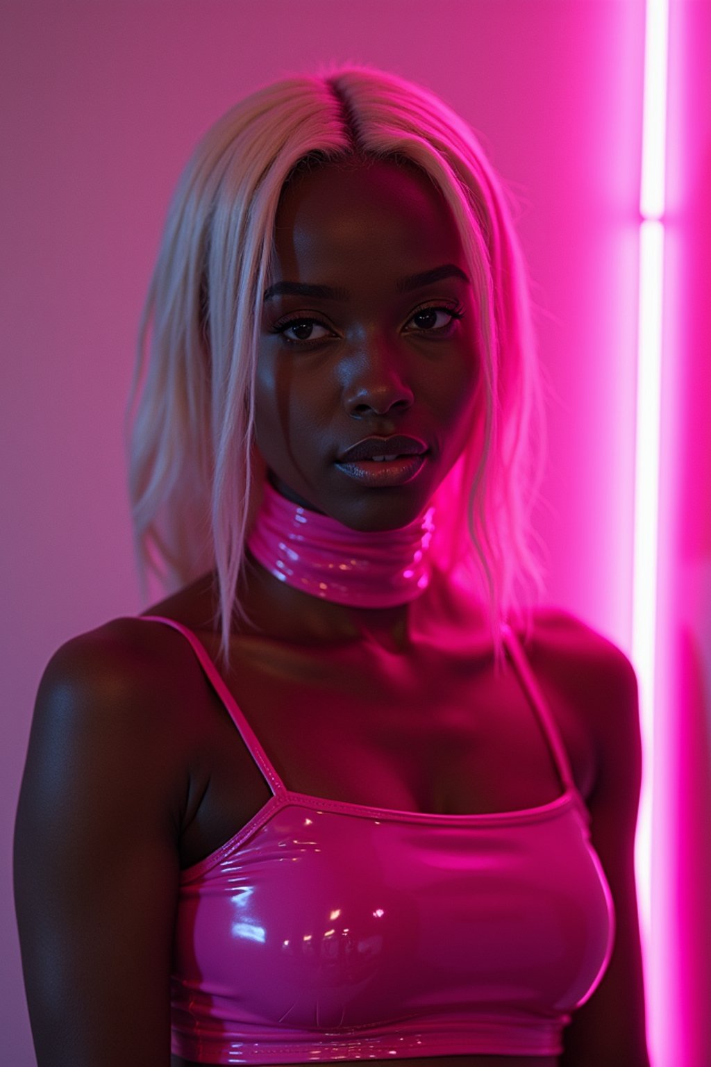 woman with platinum blonde hair, in neon bar, cyberpunk, pink latex crop top, professional award winning photography, beautiful detailed eyes, highly detailed glossy eyes, high detailed skin, skin pores