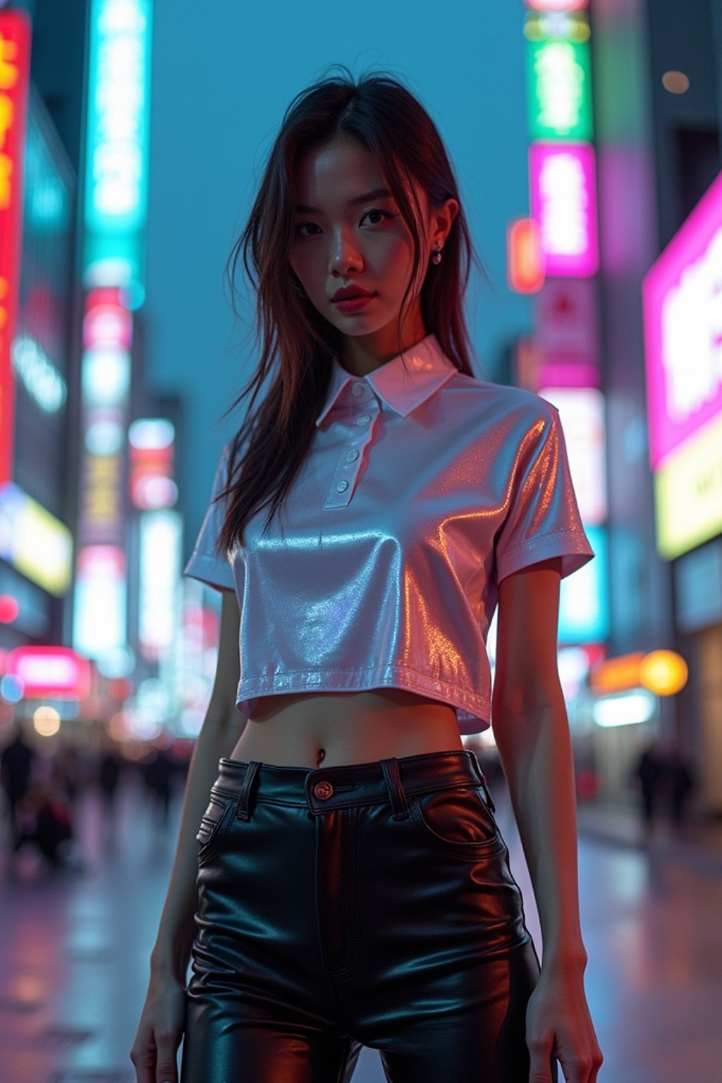 woman wearing sleek leather pants with neon highlights and holographic top in a Bladerunner-inspired cityscape