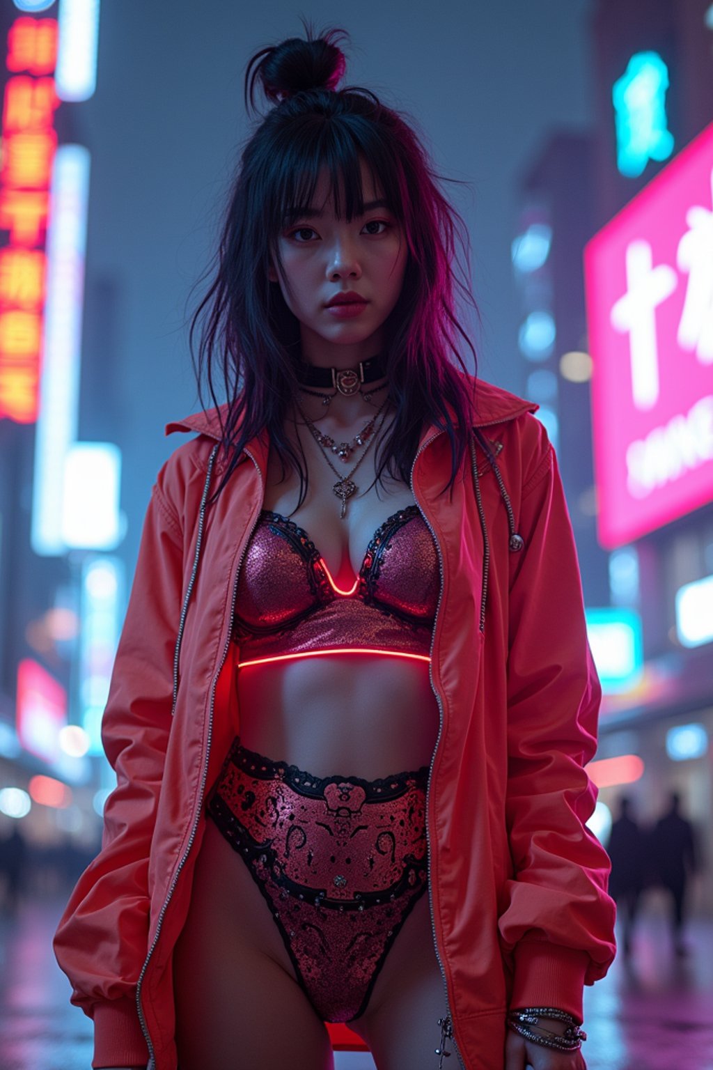 cyberpunk woman with futuristic cyberpunk neon clothes standing in cyberpunk city with neon lights city on Mars in future, neon billboards, skyscrapers