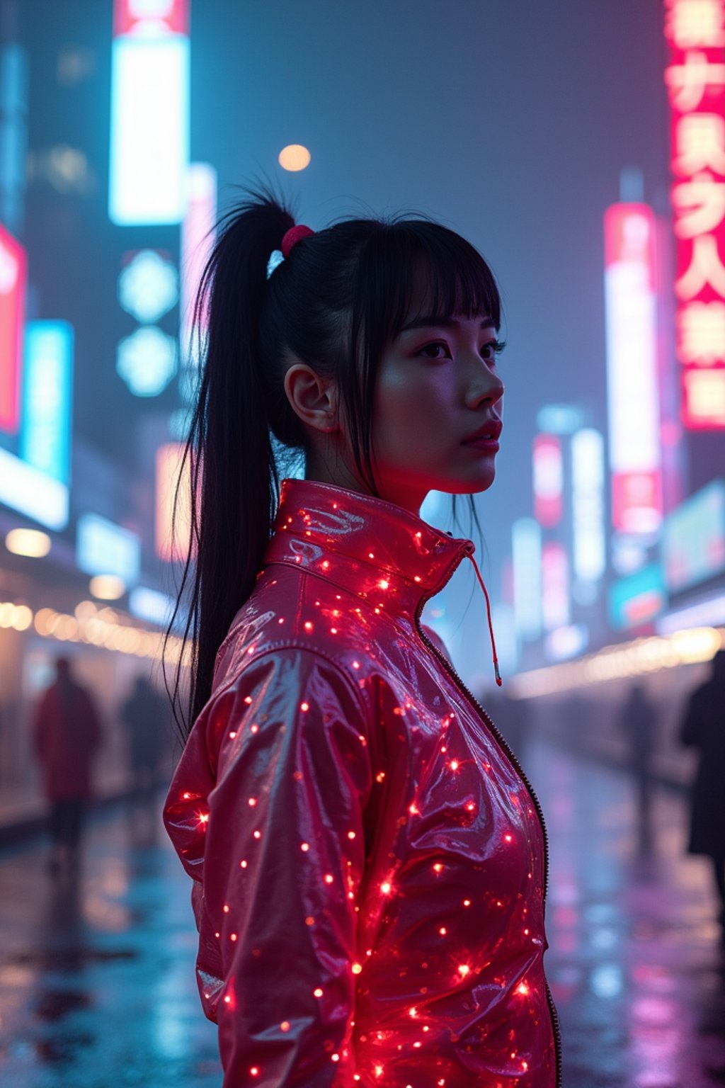 cyberpunk woman with futuristic cyberpunk neon clothes standing in cyberpunk city with neon lights city on Mars in future, neon billboards, skyscrapers