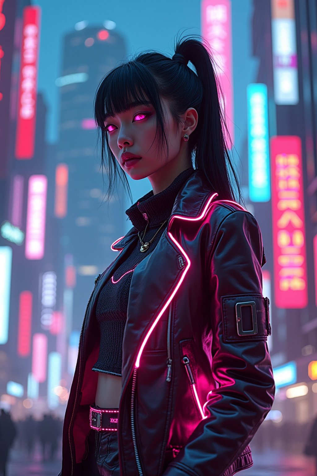 cyberpunk woman with futuristic cyberpunk neon clothes standing in cyberpunk city with neon lights city on Mars in future, neon billboards, skyscrapers