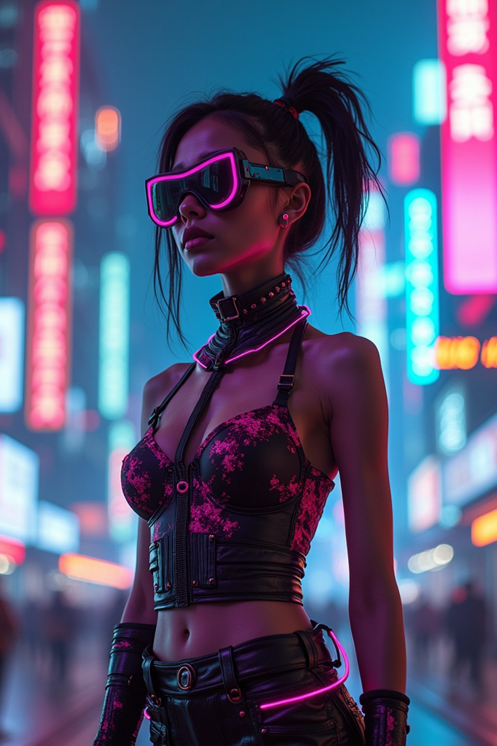 cyberpunk woman with futuristic cyberpunk neon clothes standing in cyberpunk city with neon lights city on Mars in future, neon billboards, skyscrapers