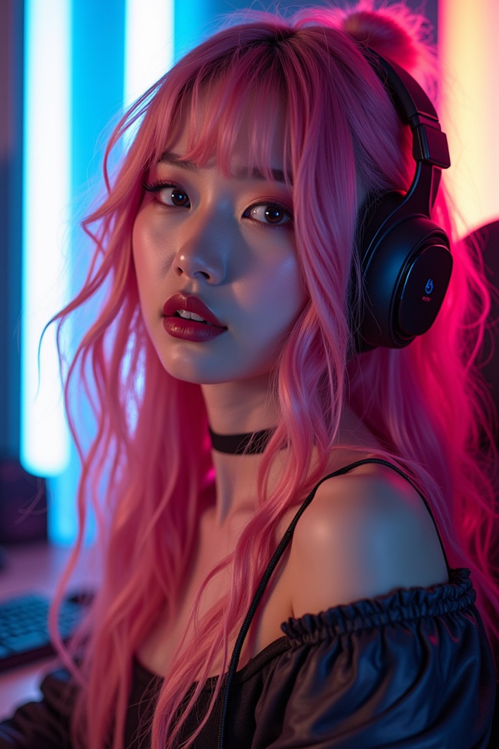 amazingly detailed woman, masterpiece, ultra hd, full shot, dynamic angle, beautiful girl, computer gamer, gaming computer, gaming chair, playing cyberpunk 2077, neon bedroom, streamer setup, , cyberpunk theme, wild long hair, Wavy Cut with Curtain Bangs, bubblegum pink hair, high detail hair, smokey eye shadow, high detail skin, high detail eyes, seductive eyes, smokey makeup