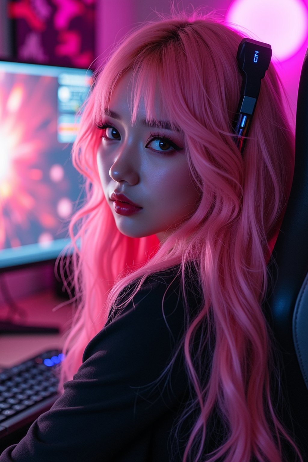 amazingly detailed woman, masterpiece, ultra hd, full shot, dynamic angle, beautiful girl, computer gamer, gaming computer, gaming chair, playing cyberpunk 2077, neon bedroom, streamer setup, , cyberpunk theme, wild long hair, Wavy Cut with Curtain Bangs, bubblegum pink hair, high detail hair, smokey eye shadow, high detail skin, high detail eyes, seductive eyes, smokey makeup