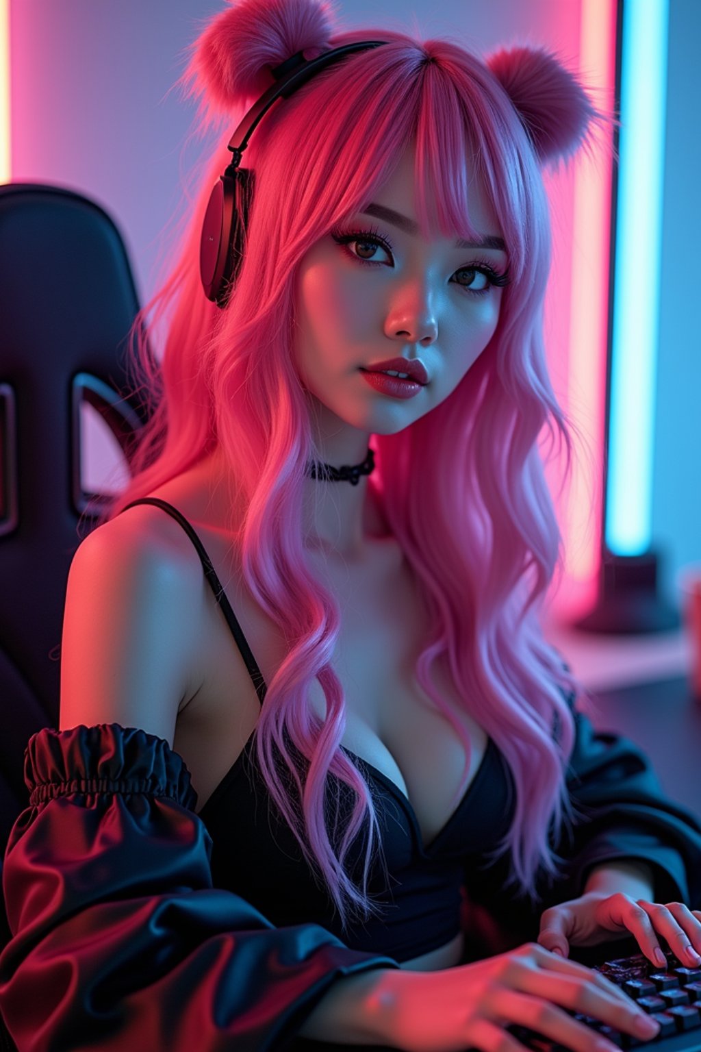 amazingly detailed woman, masterpiece, ultra hd, full shot, dynamic angle, beautiful girl, computer gamer, gaming computer, gaming chair, playing cyberpunk 2077, neon bedroom, streamer setup, , cyberpunk theme, wild long hair, Wavy Cut with Curtain Bangs, bubblegum pink hair, high detail hair, smokey eye shadow, high detail skin, high detail eyes, seductive eyes, smokey makeup