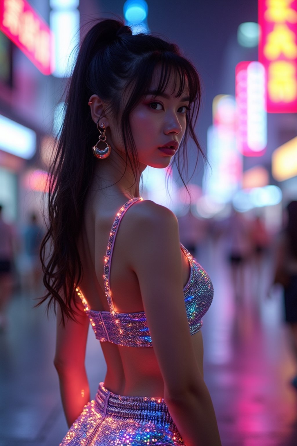 woman wearing holographic crop top and digital shorts  in a neon-lit Bladerunner-inspired cityscape