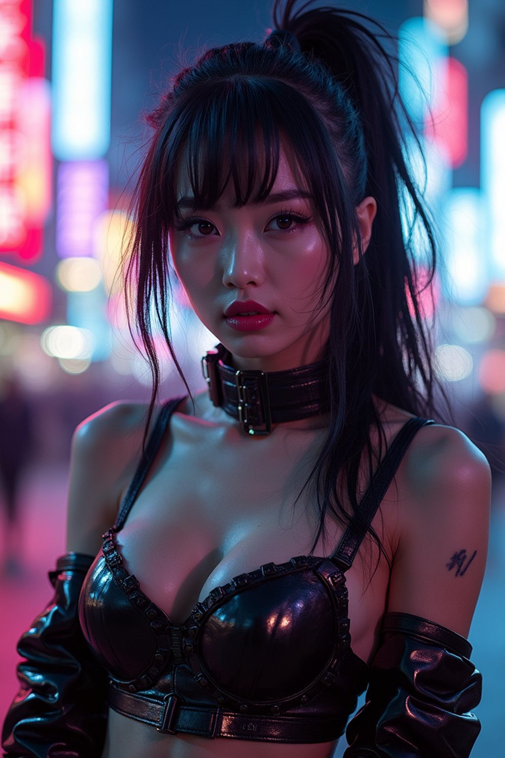 cosplayer woman in a cyberpunk outfit, posing against the backdrop of bright city lights