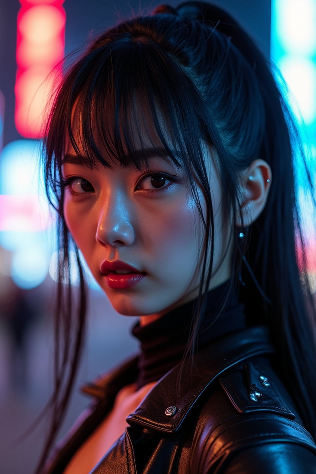 cosplayer woman in a cyberpunk outfit, posing against the backdrop of bright city lights