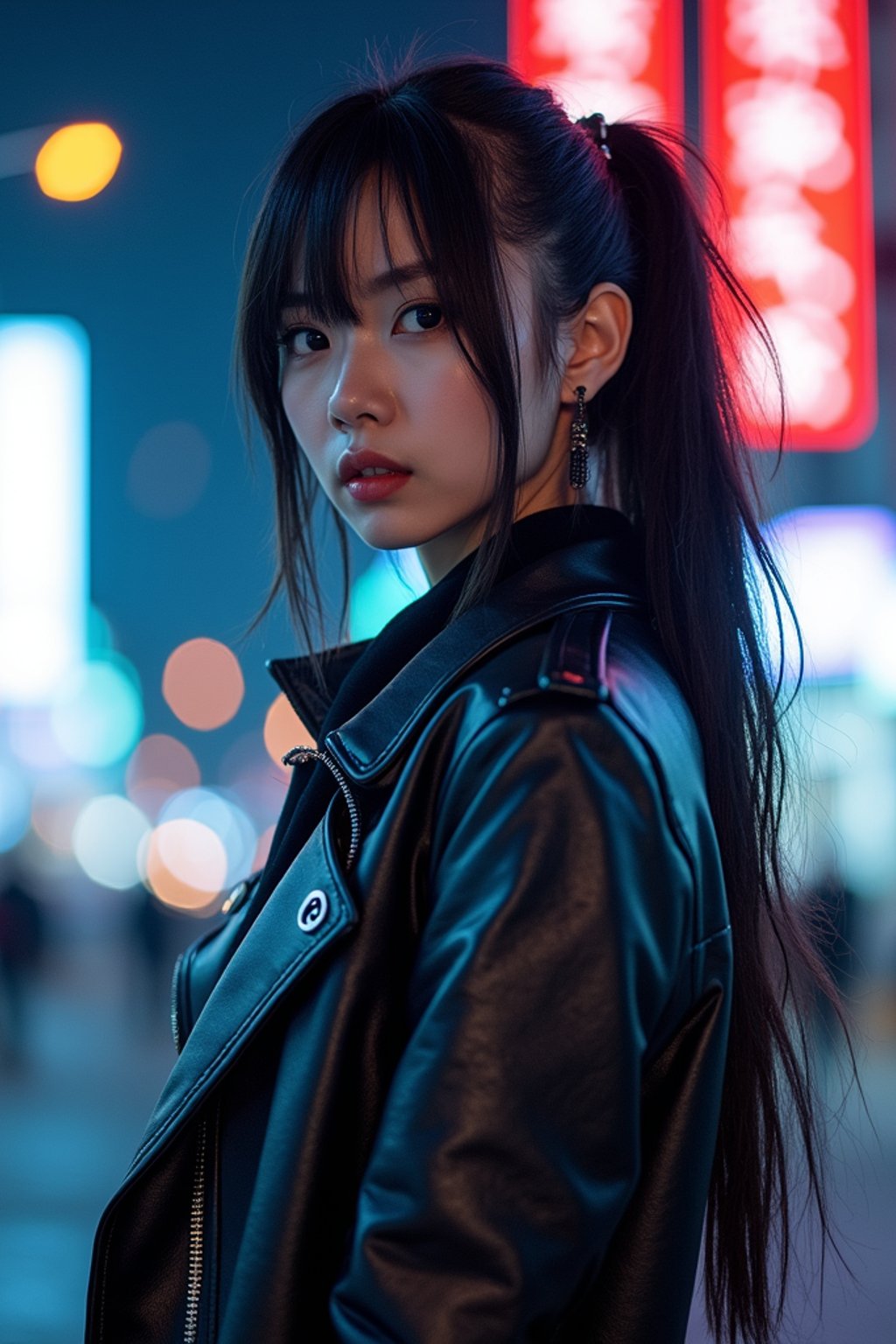 cosplayer woman in a cyberpunk outfit, posing against the backdrop of bright city lights