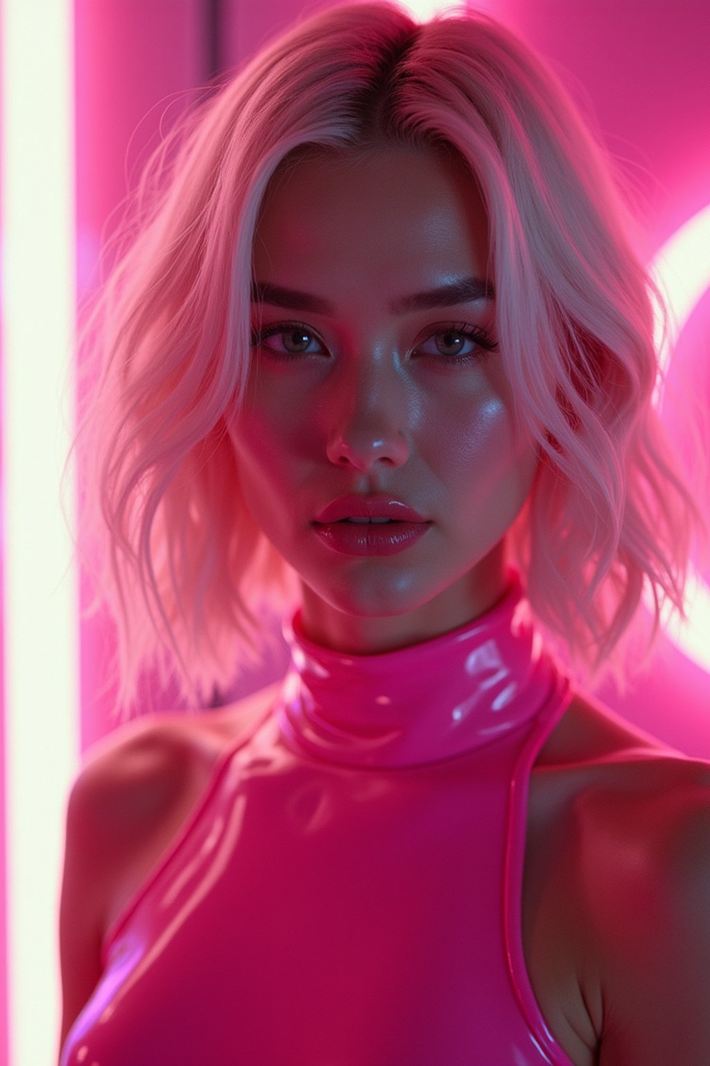 woman with platinum blonde hair, in neon bar, cyberpunk, pink latex crop top, professional award winning photography, beautiful detailed eyes, highly detailed glossy eyes, high detailed skin, skin pores