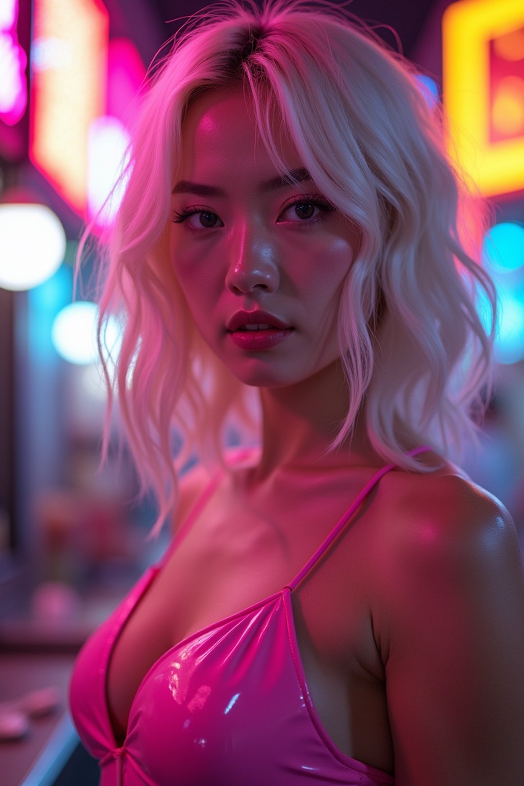 woman with platinum blonde hair, in neon bar, cyberpunk, pink latex crop top, professional award winning photography, beautiful detailed eyes, highly detailed glossy eyes, high detailed skin, skin pores