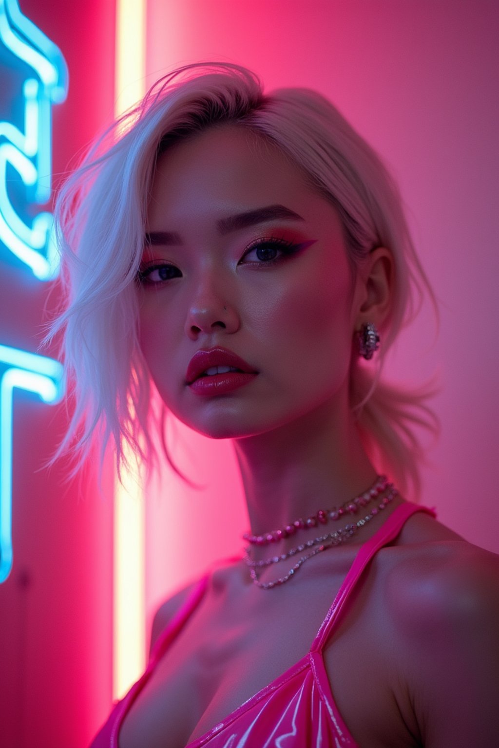 woman with platinum blonde hair, in neon bar, cyberpunk, pink latex crop top, professional award winning photography, beautiful detailed eyes, highly detailed glossy eyes, high detailed skin, skin pores