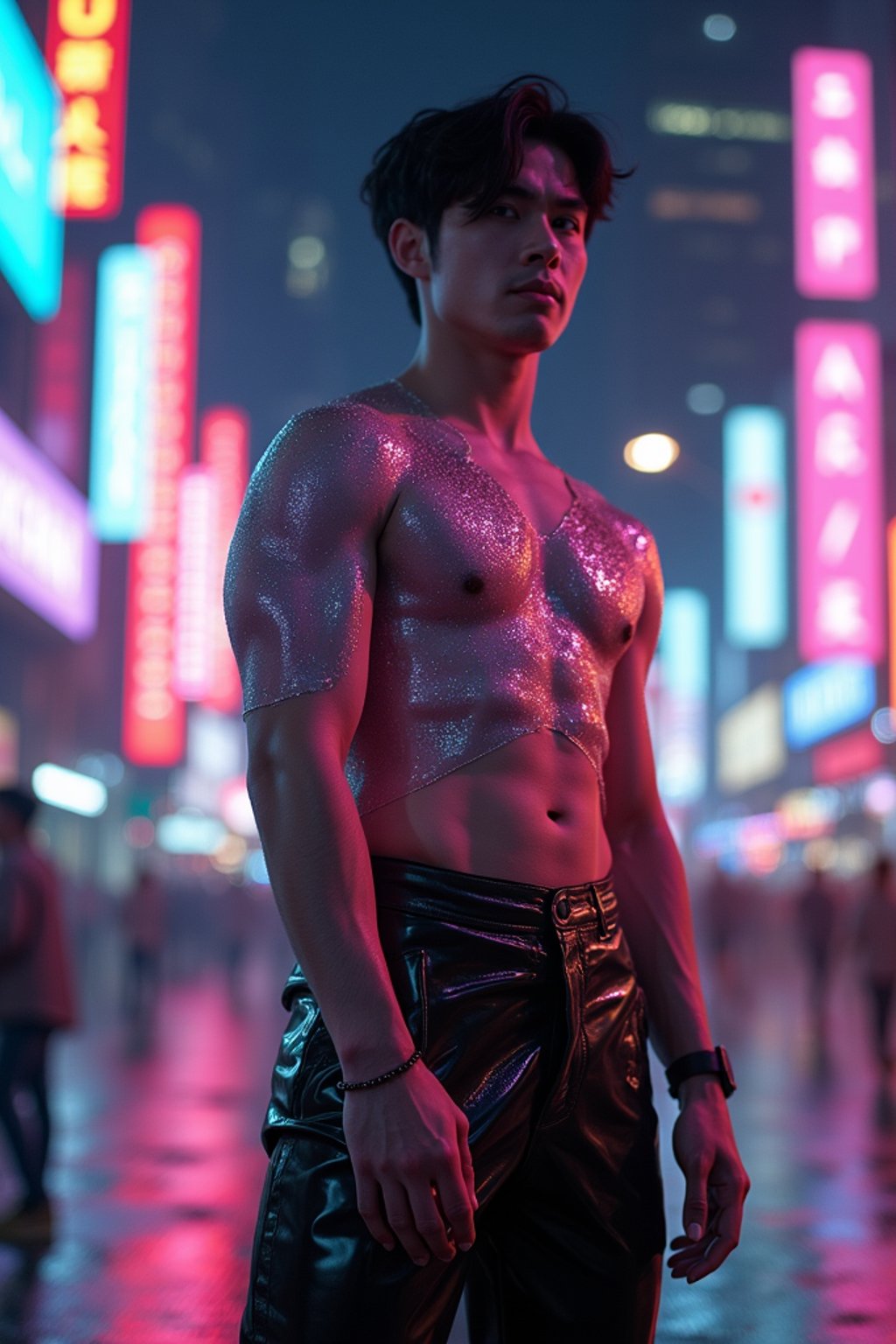 man wearing sleek leather pants with neon highlights and holographic top in a Bladerunner-inspired cityscape