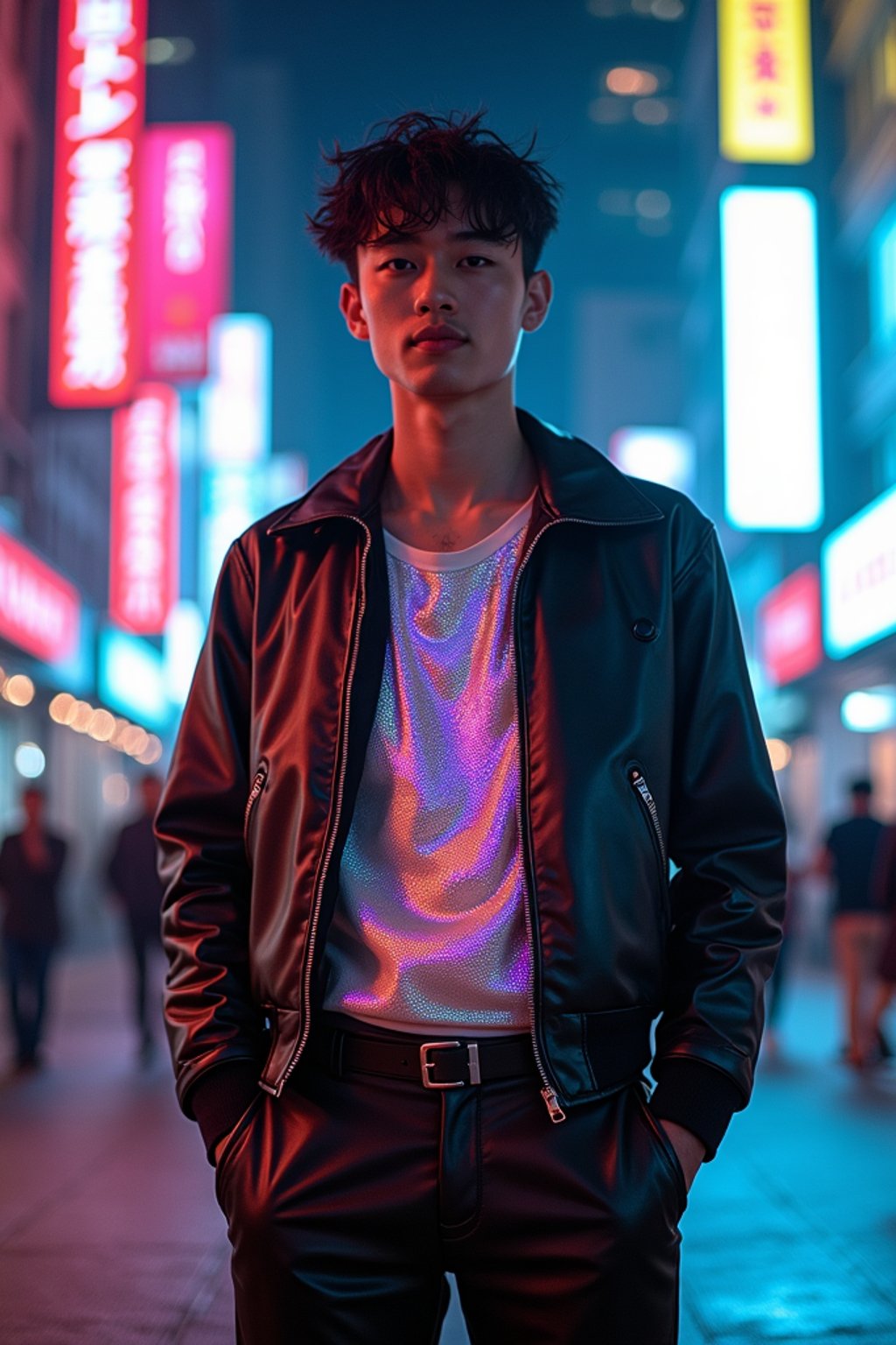 man wearing sleek leather pants with neon highlights and holographic top in a Bladerunner-inspired cityscape