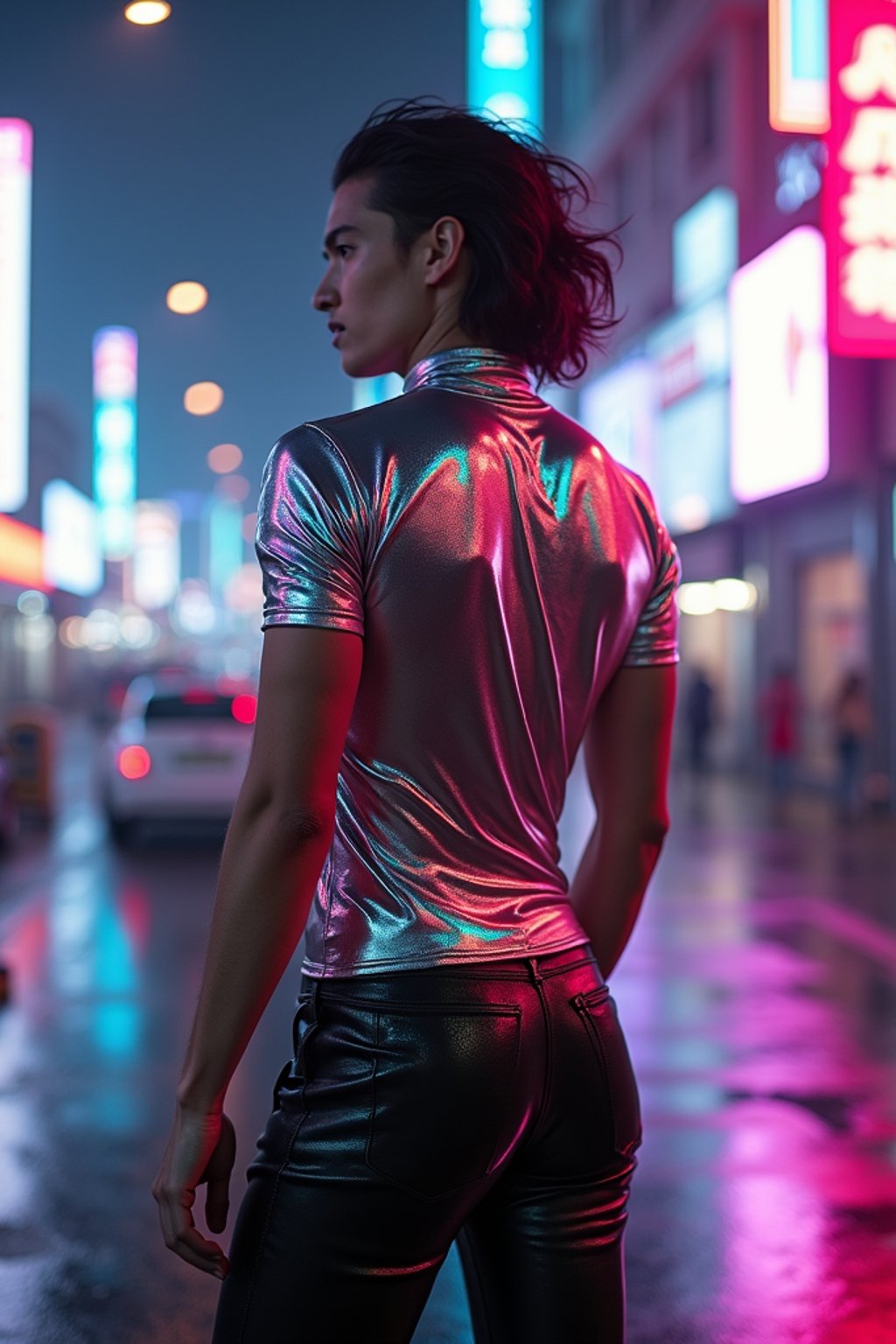 man wearing sleek leather pants with neon highlights and holographic top in a Bladerunner-inspired cityscape