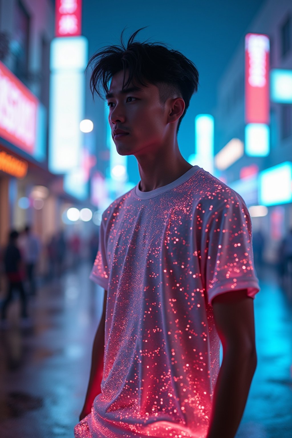 man wearing sporty neon  t-shirt and holographic joggers in a dystopian digital cityscape