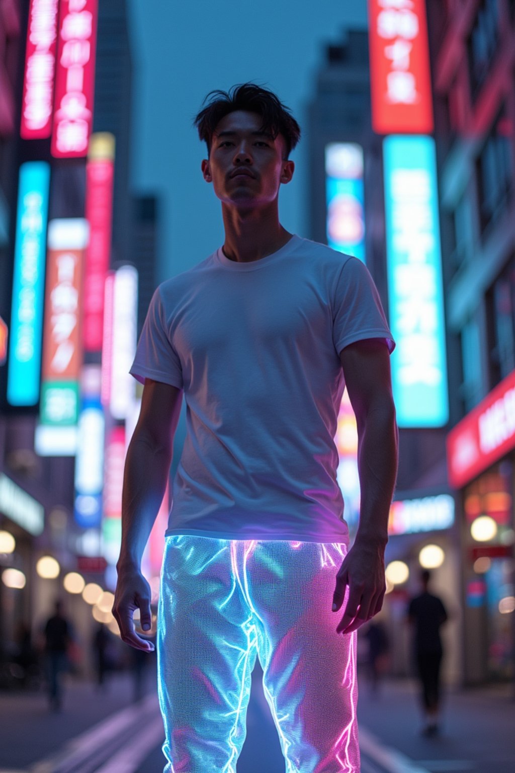 man wearing sporty neon  t-shirt and holographic joggers in a dystopian digital cityscape