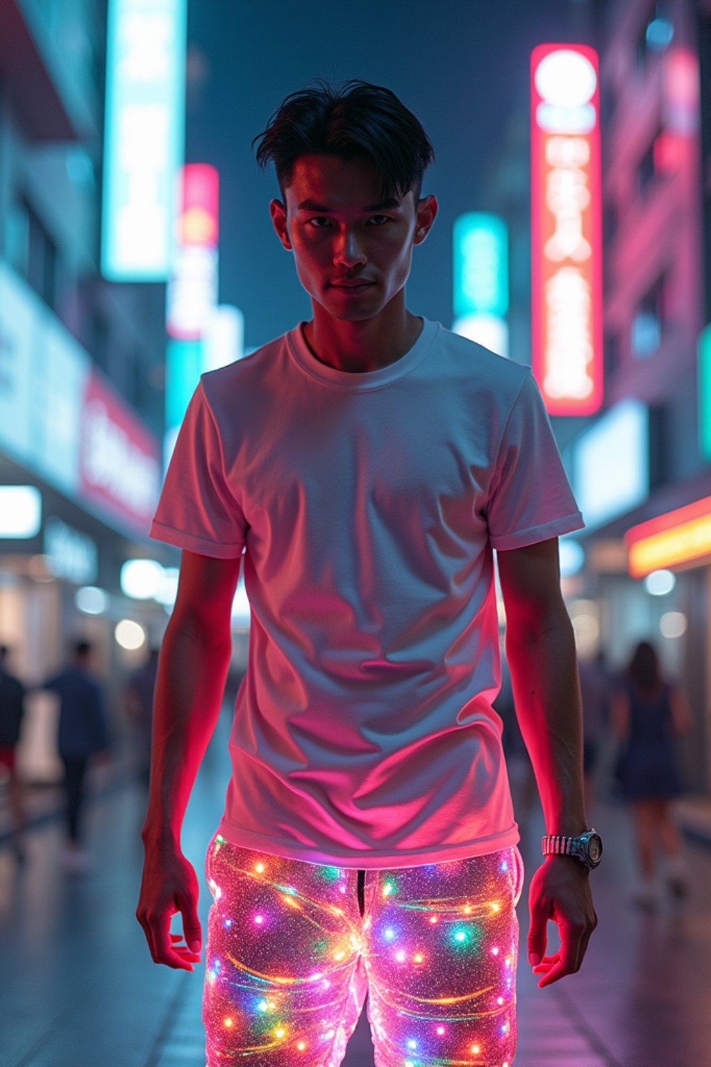 man wearing sporty neon  t-shirt and holographic joggers in a dystopian digital cityscape