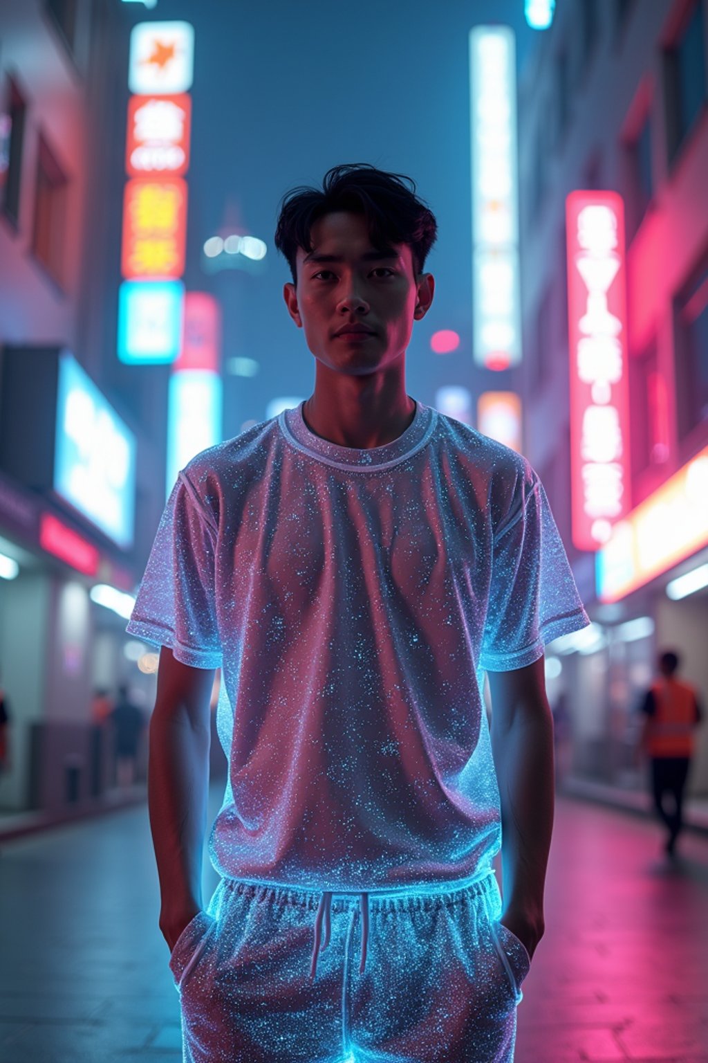 man wearing sporty neon  t-shirt and holographic joggers in a dystopian digital cityscape