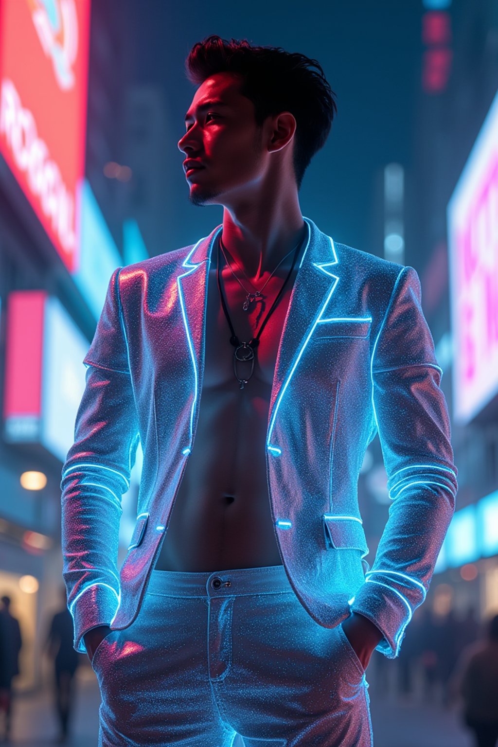 man wearing  holographic nightclub outfit in a cybernetic cityscape