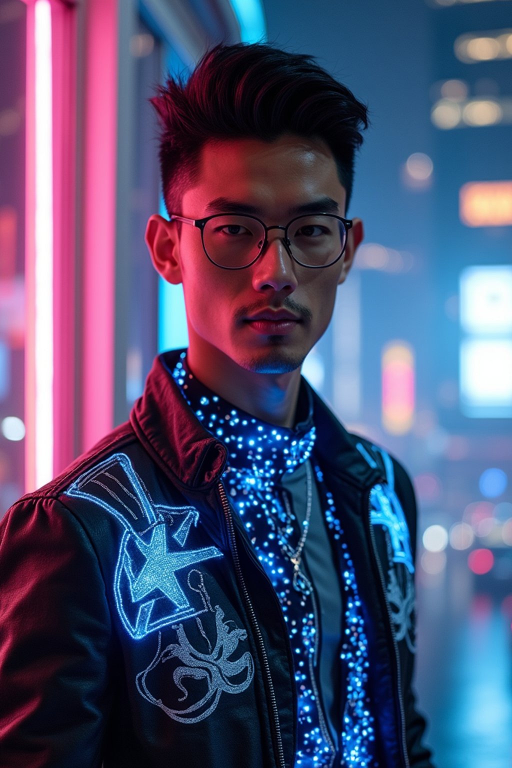 man wearing  holographic nightclub outfit in a cybernetic cityscape