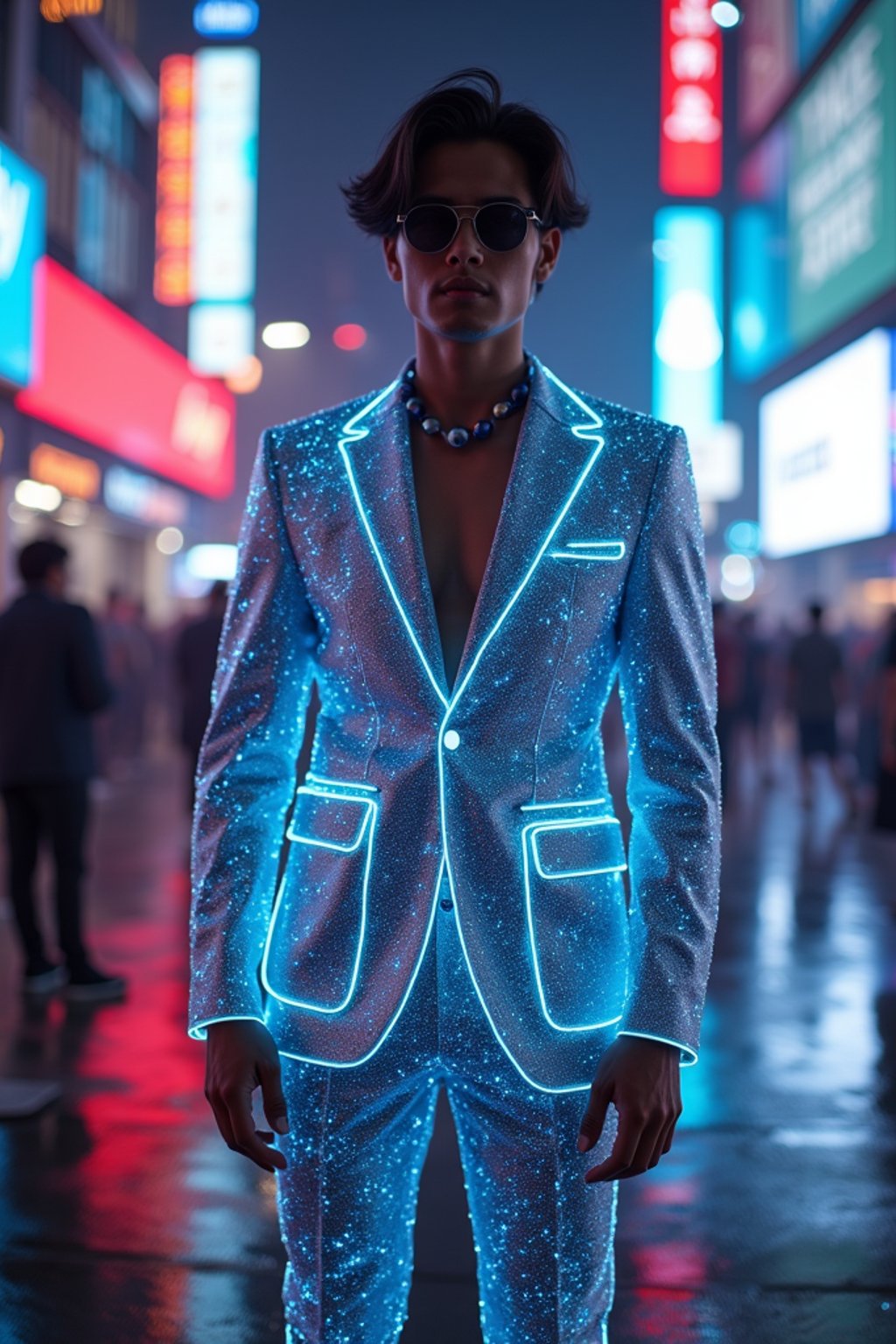 man wearing  holographic nightclub outfit in a cybernetic cityscape