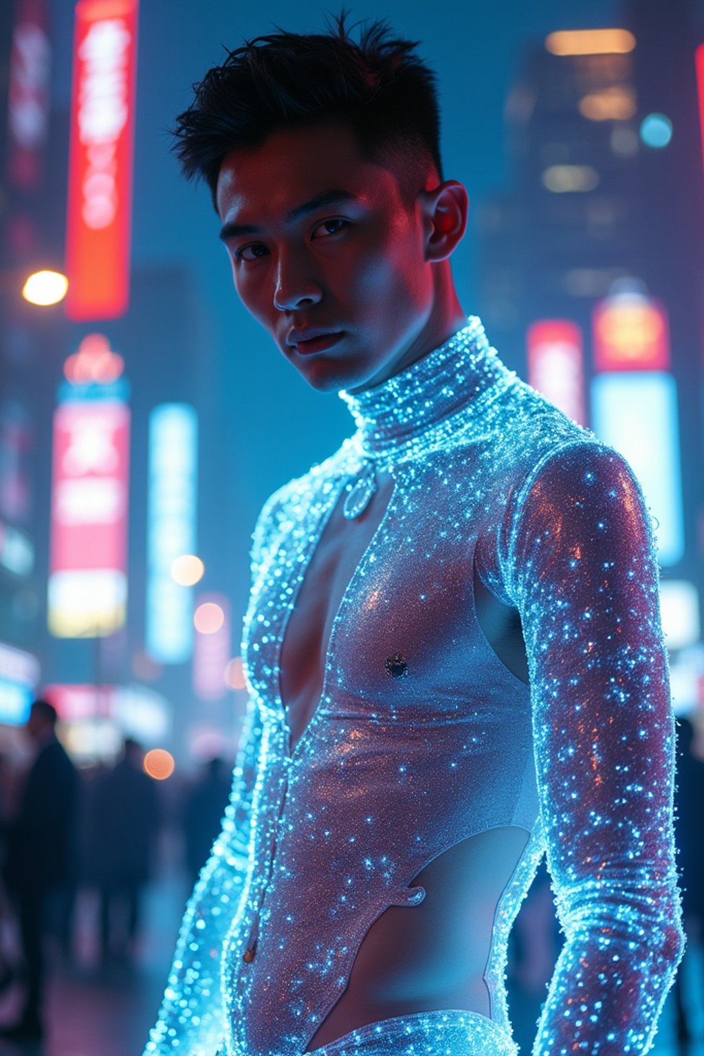 man wearing  holographic nightclub outfit in a cybernetic cityscape