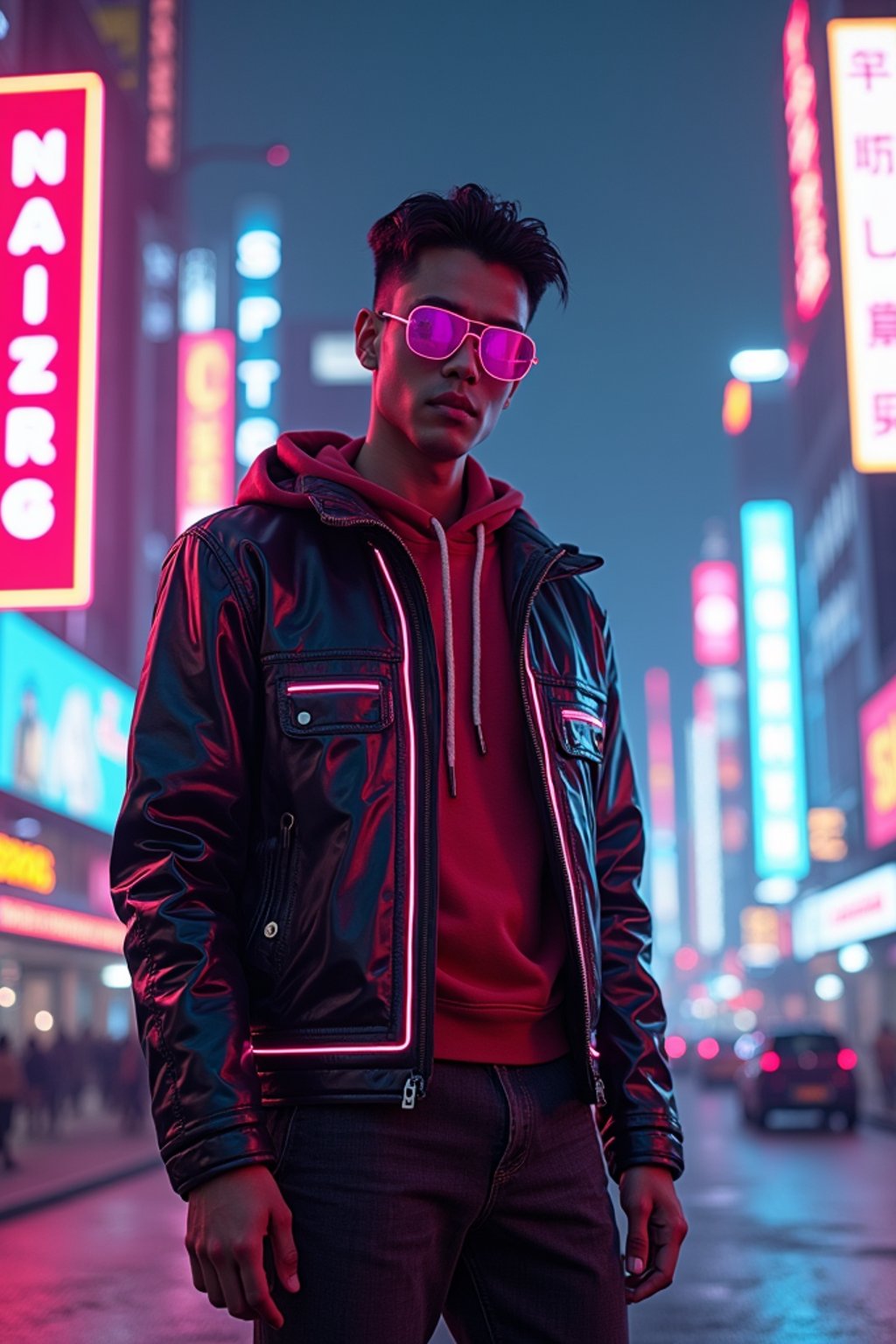 cyberpunk man with futuristic cyberpunk neon clothes standing in cyberpunk city with neon lights city on Mars in future, neon billboards, skyscrapers