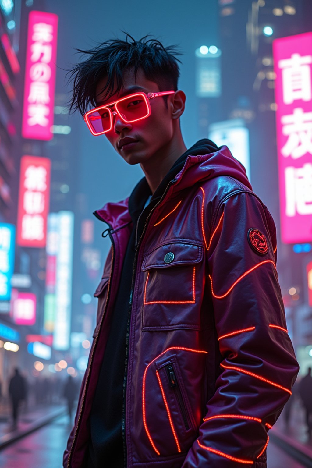 cyberpunk man with futuristic cyberpunk neon clothes standing in cyberpunk city with neon lights city on Mars in future, neon billboards, skyscrapers