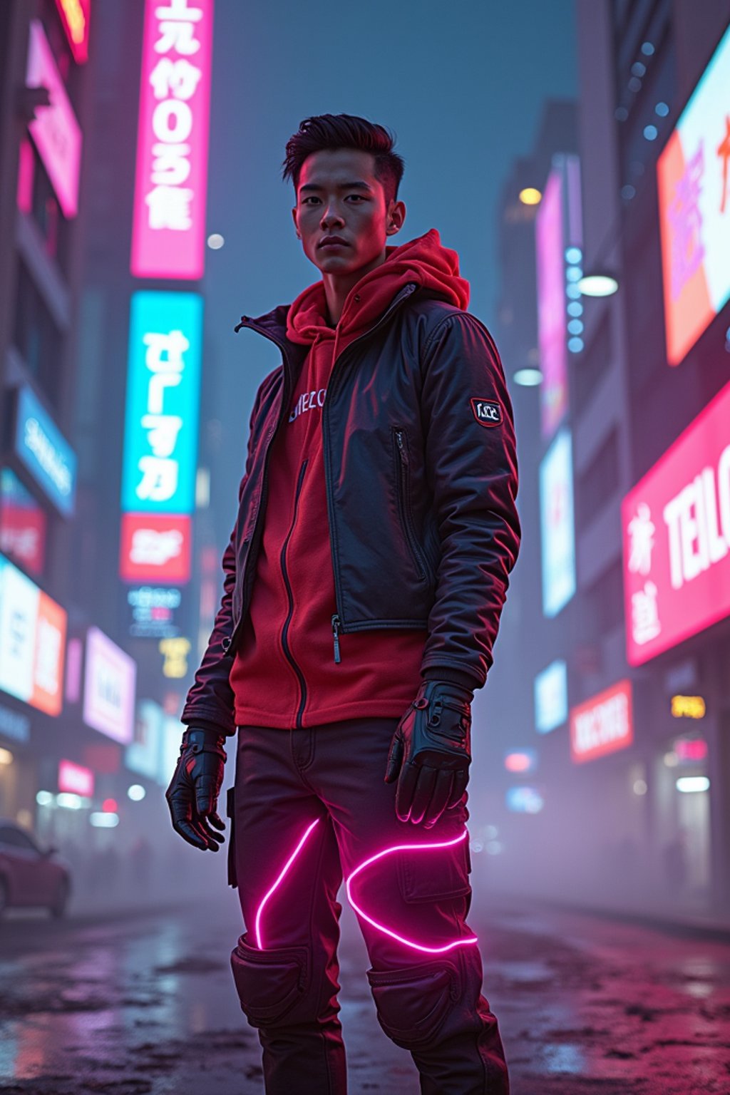 cyberpunk man with futuristic cyberpunk neon clothes standing in cyberpunk city with neon lights city on Mars in future, neon billboards, skyscrapers