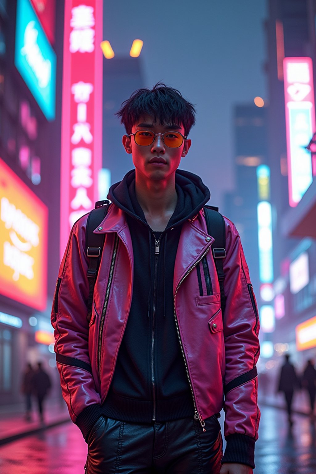 cyberpunk man with futuristic cyberpunk neon clothes standing in cyberpunk city with neon lights city on Mars in future, neon billboards, skyscrapers