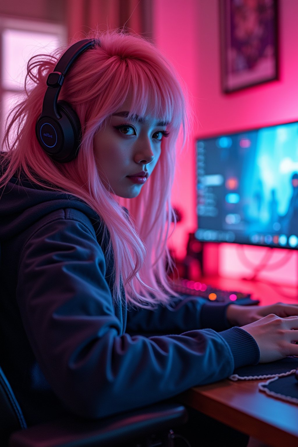 amazingly detailed man, masterpiece, ultra hd, full shot, dynamic angle, beautiful girl, computer gamer, gaming computer, gaming chair, playing cyberpunk 2077, neon bedroom, streamer setup, , cyberpunk theme, wild long hair, Wavy Cut with Curtain Bangs, bubblegum pink hair, high detail hair, smokey eye shadow, high detail skin, high detail eyes, seductive eyes, smokey makeup