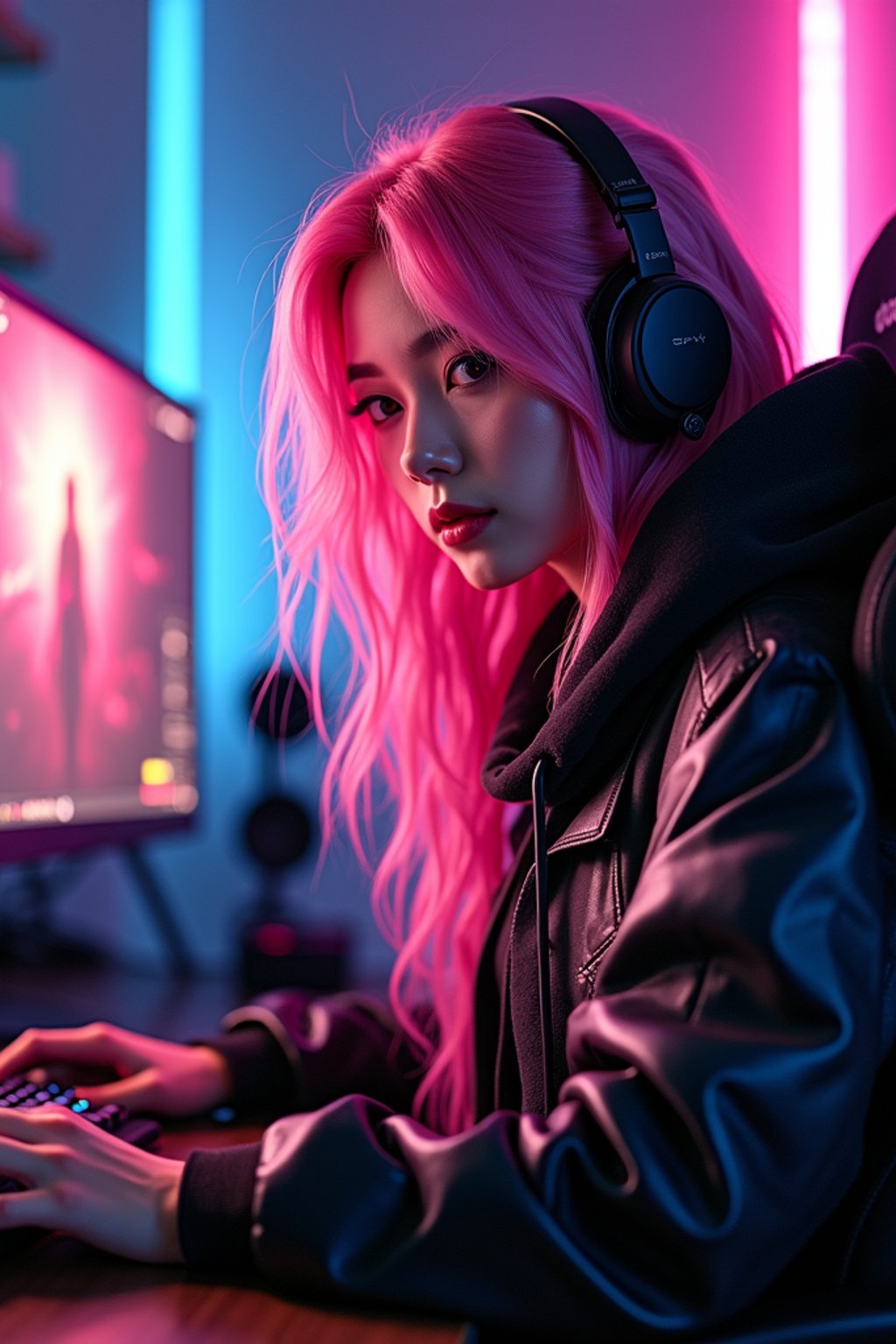 amazingly detailed man, masterpiece, ultra hd, full shot, dynamic angle, beautiful girl, computer gamer, gaming computer, gaming chair, playing cyberpunk 2077, neon bedroom, streamer setup, , cyberpunk theme, wild long hair, Wavy Cut with Curtain Bangs, bubblegum pink hair, high detail hair, smokey eye shadow, high detail skin, high detail eyes, seductive eyes, smokey makeup