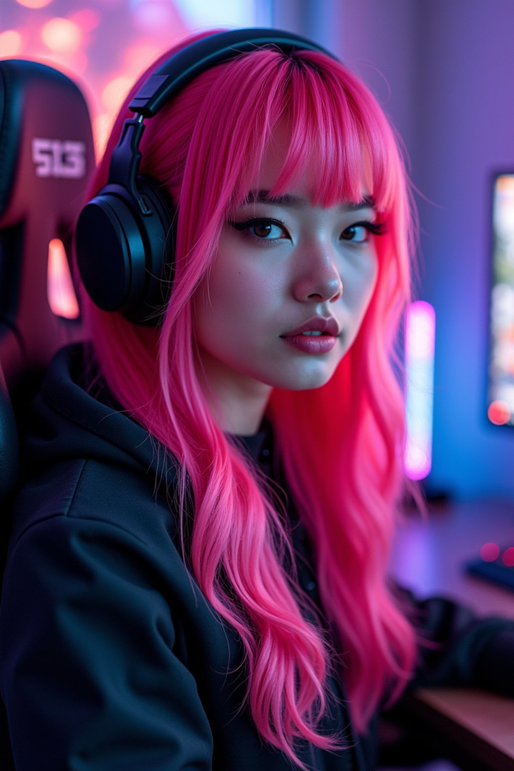 amazingly detailed man, masterpiece, ultra hd, full shot, dynamic angle, beautiful girl, computer gamer, gaming computer, gaming chair, playing cyberpunk 2077, neon bedroom, streamer setup, , cyberpunk theme, wild long hair, Wavy Cut with Curtain Bangs, bubblegum pink hair, high detail hair, smokey eye shadow, high detail skin, high detail eyes, seductive eyes, smokey makeup