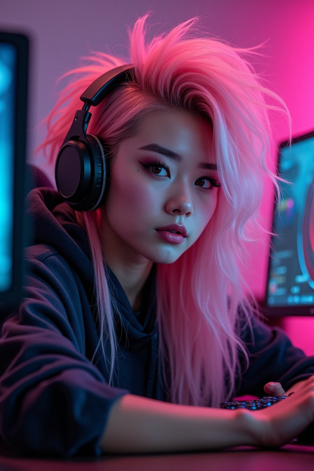 amazingly detailed man, masterpiece, ultra hd, full shot, dynamic angle, beautiful girl, computer gamer, gaming computer, gaming chair, playing cyberpunk 2077, neon bedroom, streamer setup, , cyberpunk theme, wild long hair, Wavy Cut with Curtain Bangs, bubblegum pink hair, high detail hair, smokey eye shadow, high detail skin, high detail eyes, seductive eyes, smokey makeup