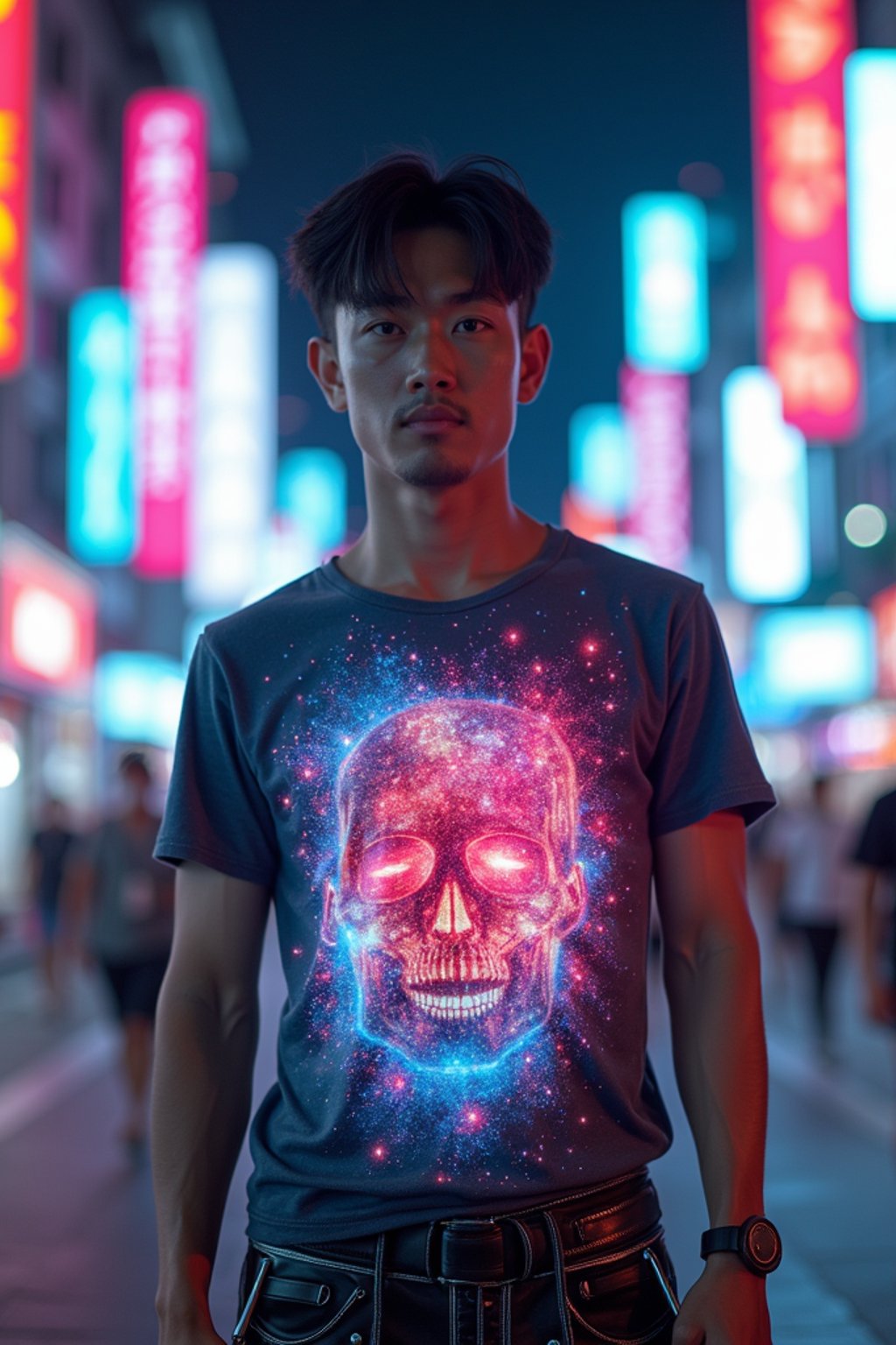 man wearing  holographic t-shirt and cybernetic trousers in a neon-lit Bladerunner-inspired cityscape