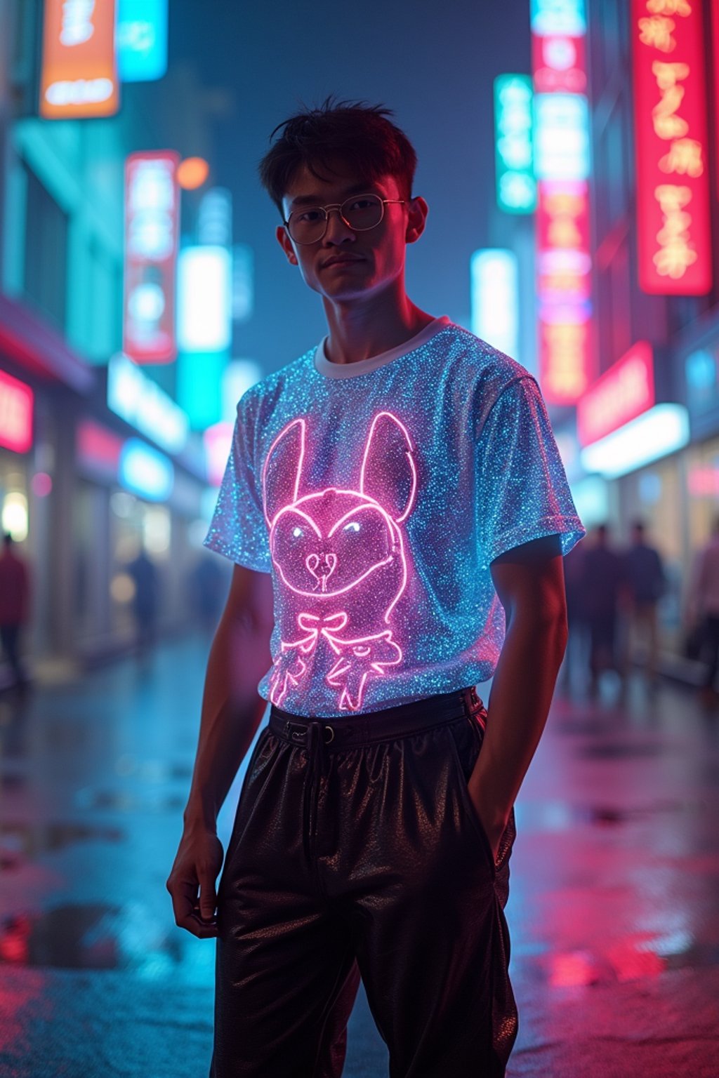 man wearing  holographic t-shirt and cybernetic trousers in a neon-lit Bladerunner-inspired cityscape